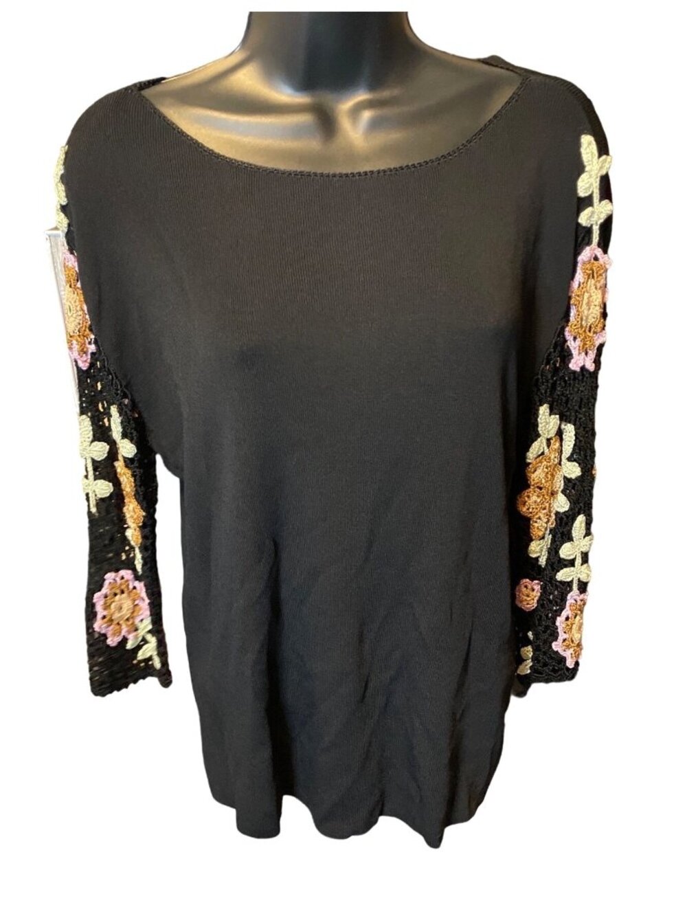 Euro X Black XL Top Floral Lace Crochet Sleeves Boho Whimsigoth Lightweight